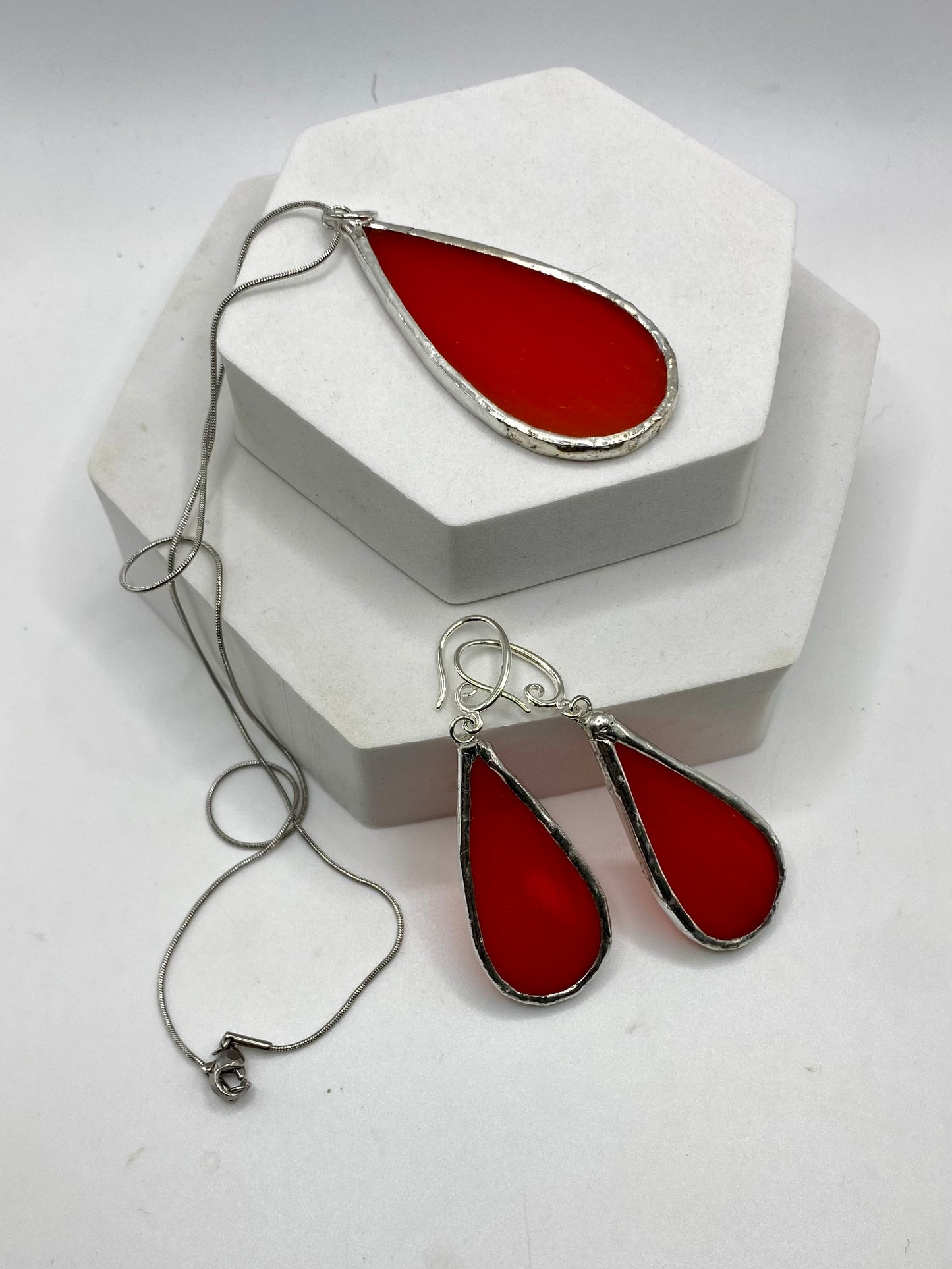 Orange Teardrop Stained Glass Jewelry Set by Hip Chick Glass, Stained Glass Necklace Stained Glass Earrings