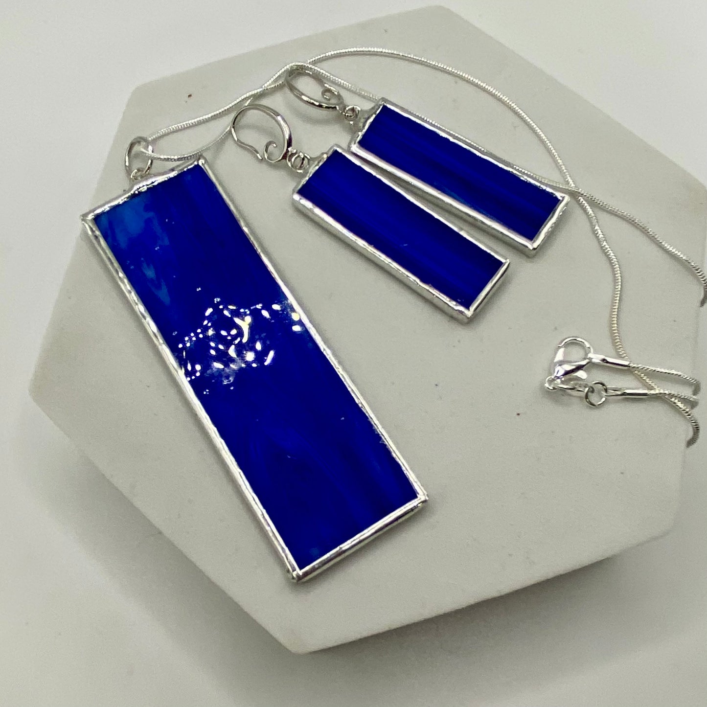 Dark Blue Rectangle Stained Glass Jewelry Set by Hip Chick Glass, Stained Glass Necklace Stained Glass Earrings