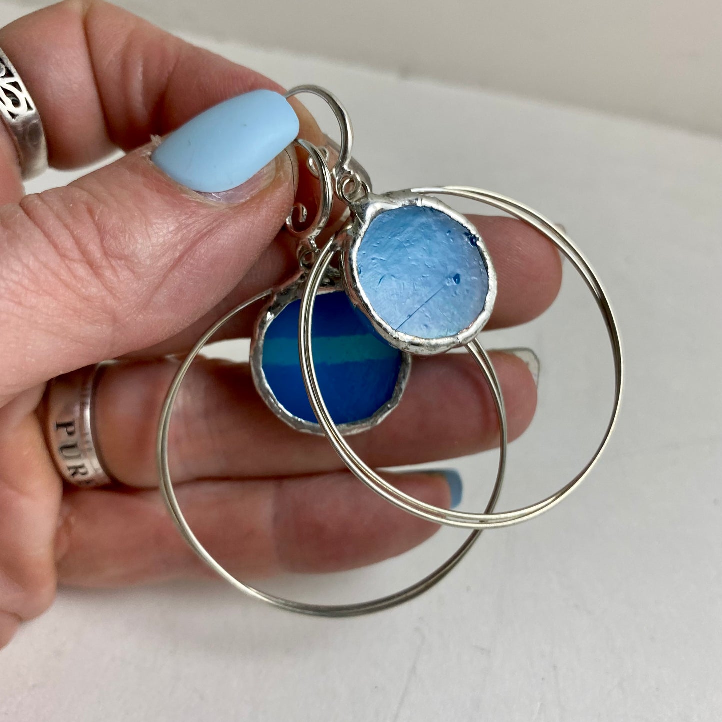 Blue Circle Hoop Earrings | Stained Glass Earrings by Hip Chick Glass, Stained Glass Dangle Drop Earrings, Stained Glass Earrings