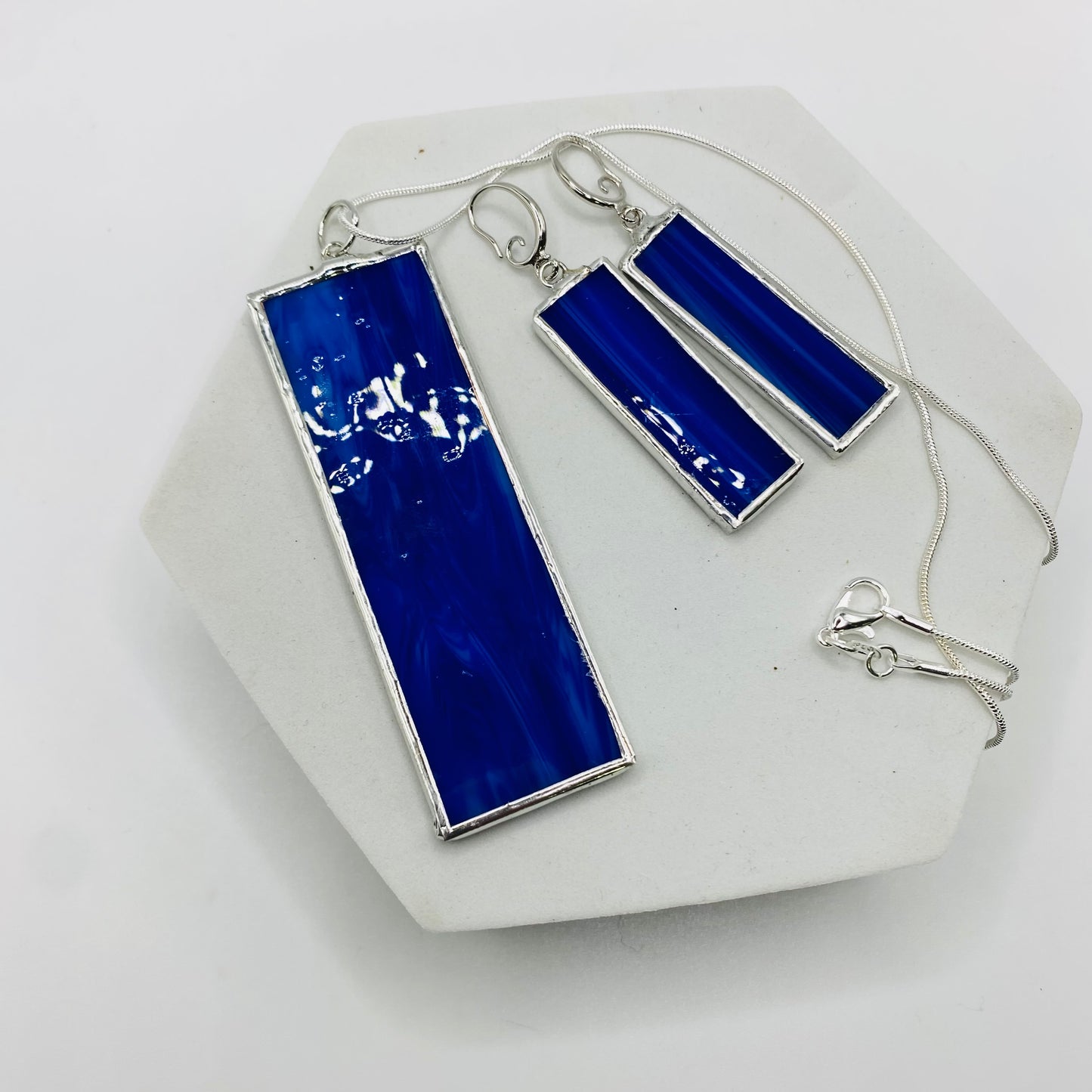 Dark Blue Rectangle Stained Glass Jewelry Set by Hip Chick Glass, Stained Glass Necklace Stained Glass Earrings