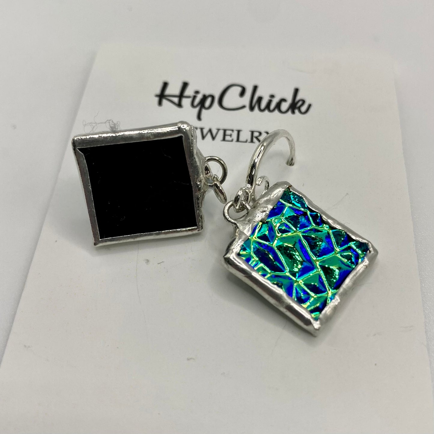Teal Square Earrings | Stained Glass Earrings by Hip Chick Glass, Stained Glass Dangle Drop Earrings, Stained Glass Earrings