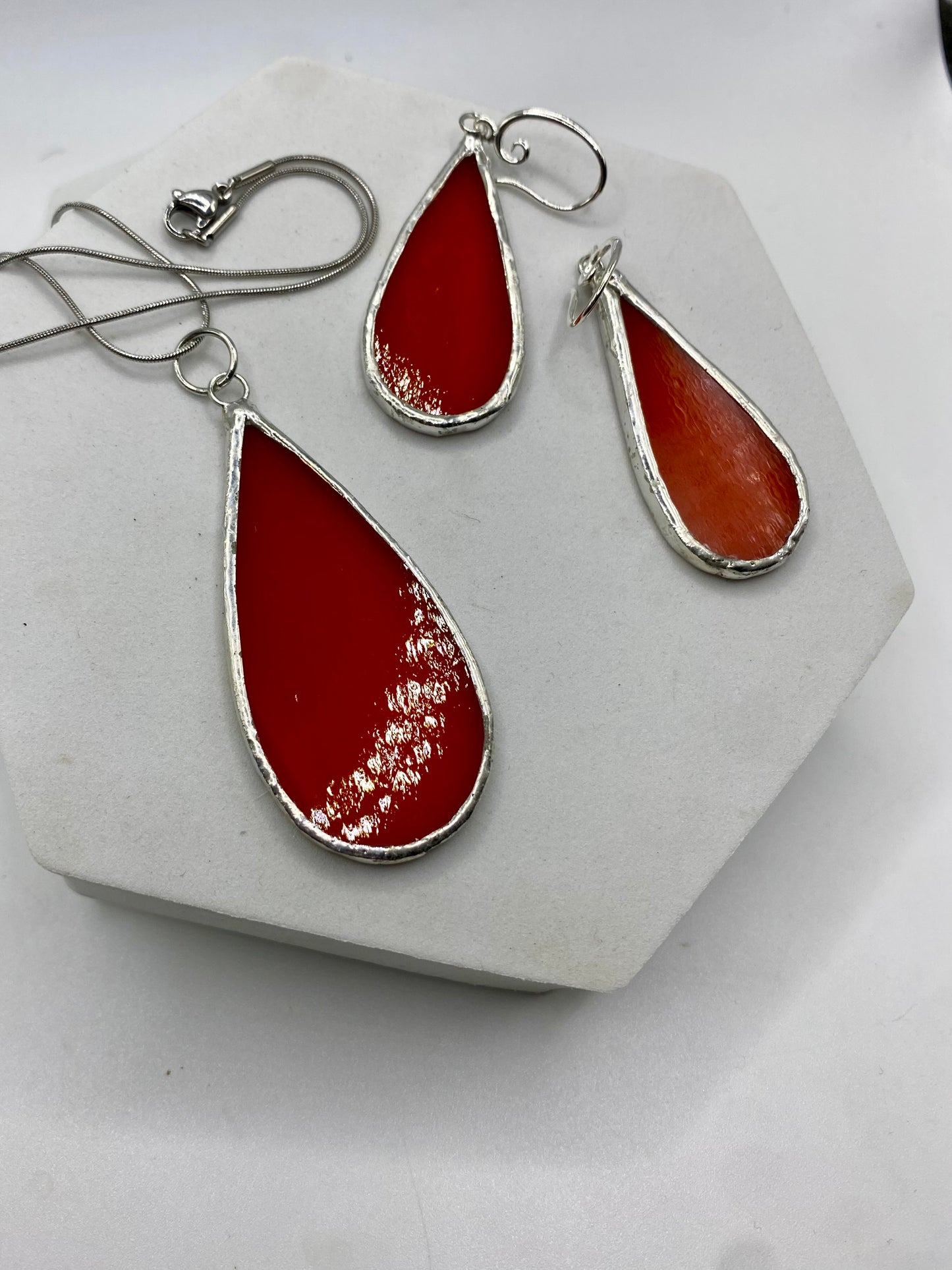 Orange Teardrop Stained Glass Jewelry Set by Hip Chick Glass, Stained Glass Necklace Stained Glass Earrings