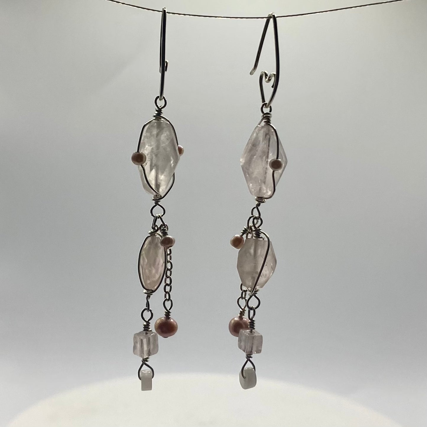 Long Rose Quartz & Pearl Dangle Earrings by Hip Chick Glass, Sterling Silver Earrings, Handmade Gemstone Jewelry, June Birthstone Gift