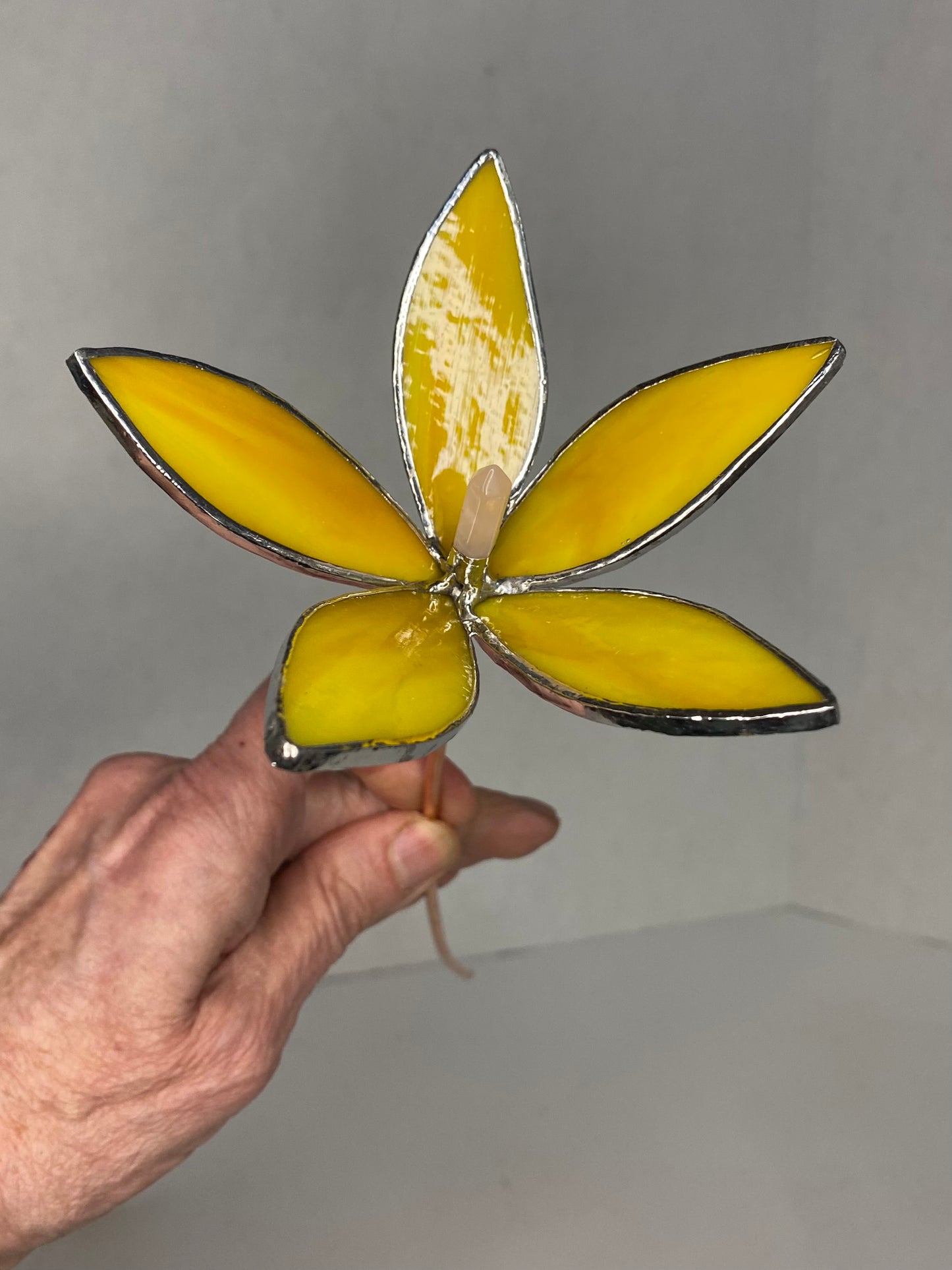 Yellow Glass Flower Plant Stakes by Hip Chick Glass | Stained Glass Flower Bouquet, Glass Flowers with Quartz Crystals on a Stem, Handmade Home Decor, Wedding Bouquet Keepsake, Tabletop Decor