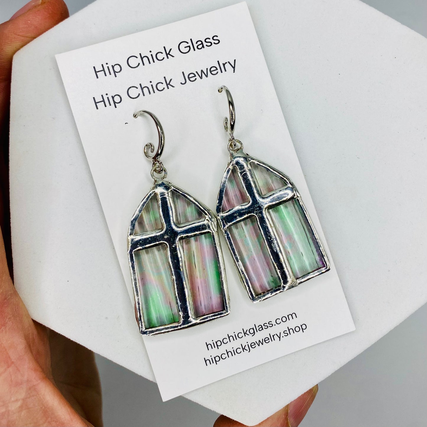 Iridescent Church Window Earrings, Stained Glass Earrings by Hip Chick Glass, Stained Glass Dangle Drop Earrings, Stained Glass Earrings