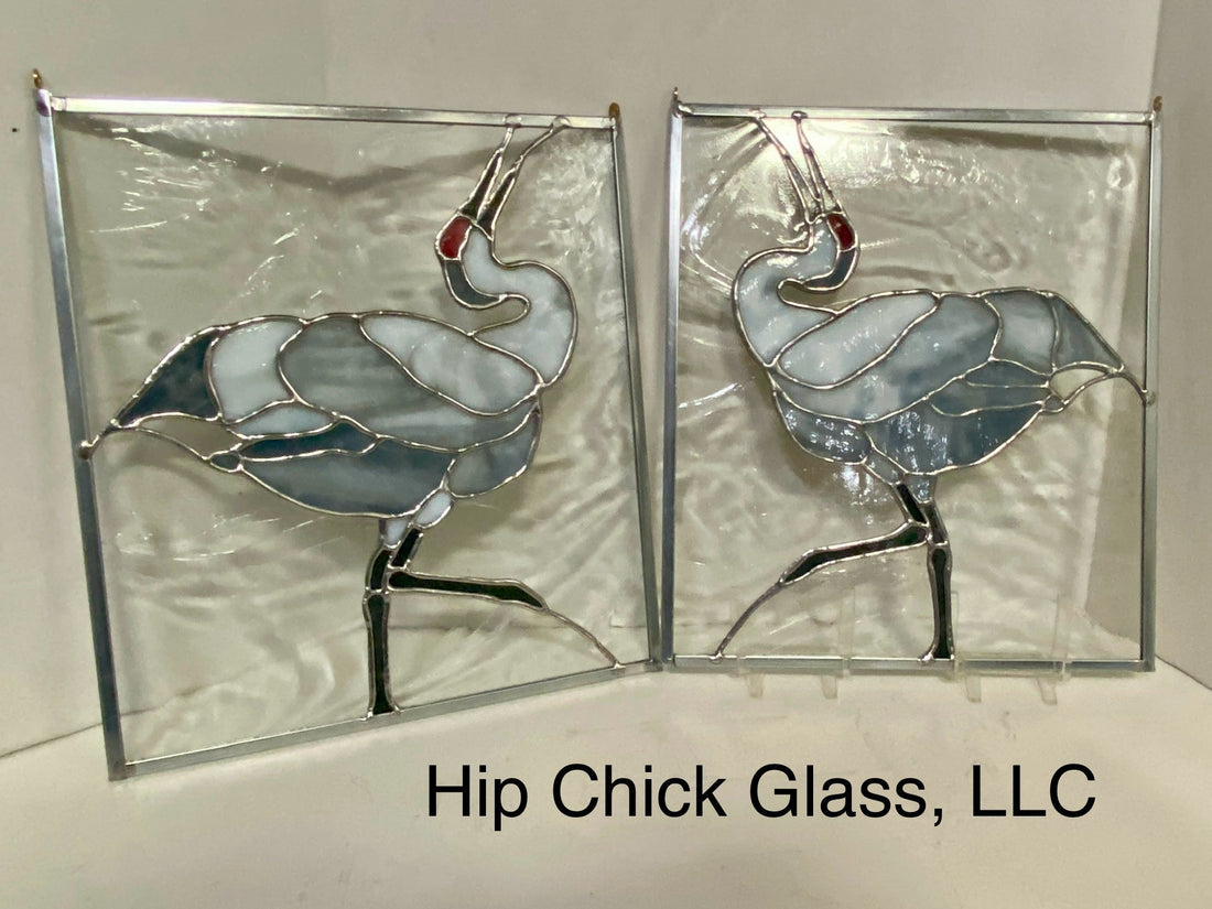 Sandhill Crane Series, Stained Glass Window Panels of Sandhill Cranes by Hip CHick Glass, LLC