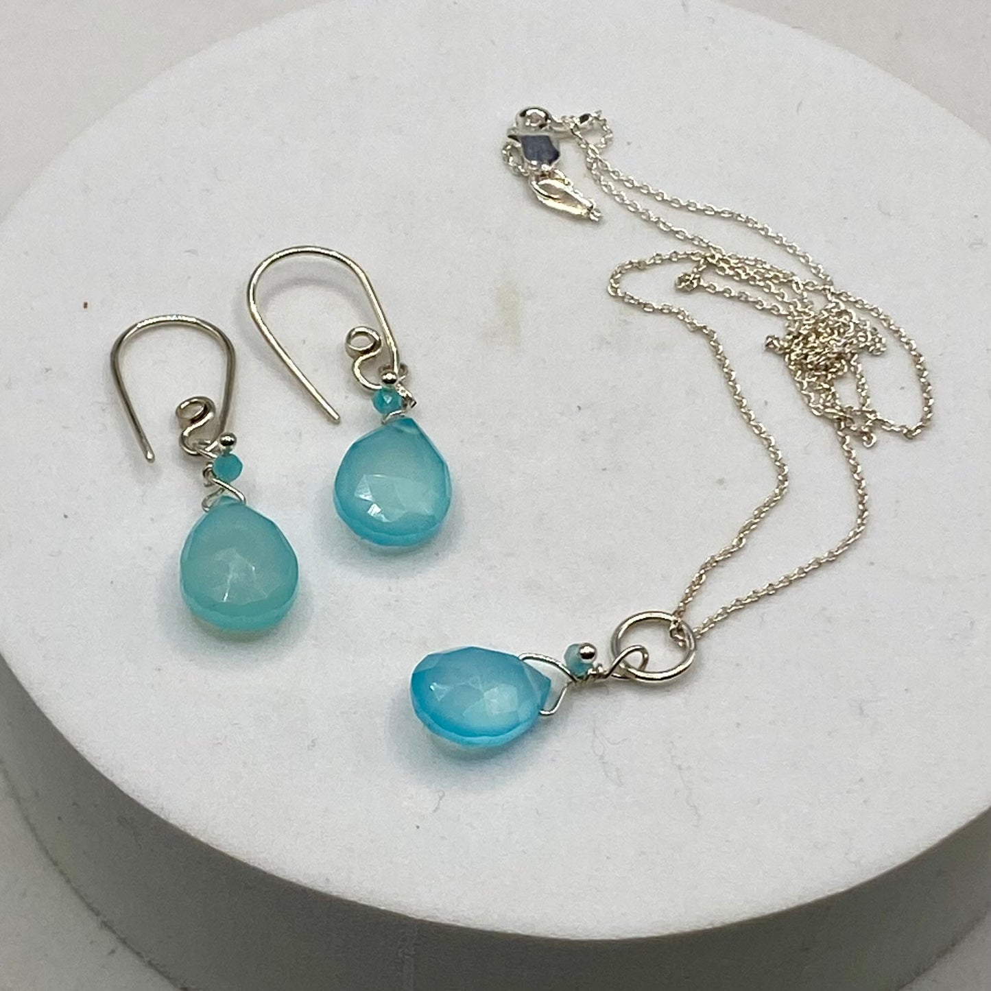 Blue Chalcedony Necklace & Earring Set by Hip Chick Glass, Handmade Sterling Silver Jewelry, Handmade Gemstone Jewelry Set, Dainty Necklace Earrings Set, Minimalist Jewelry