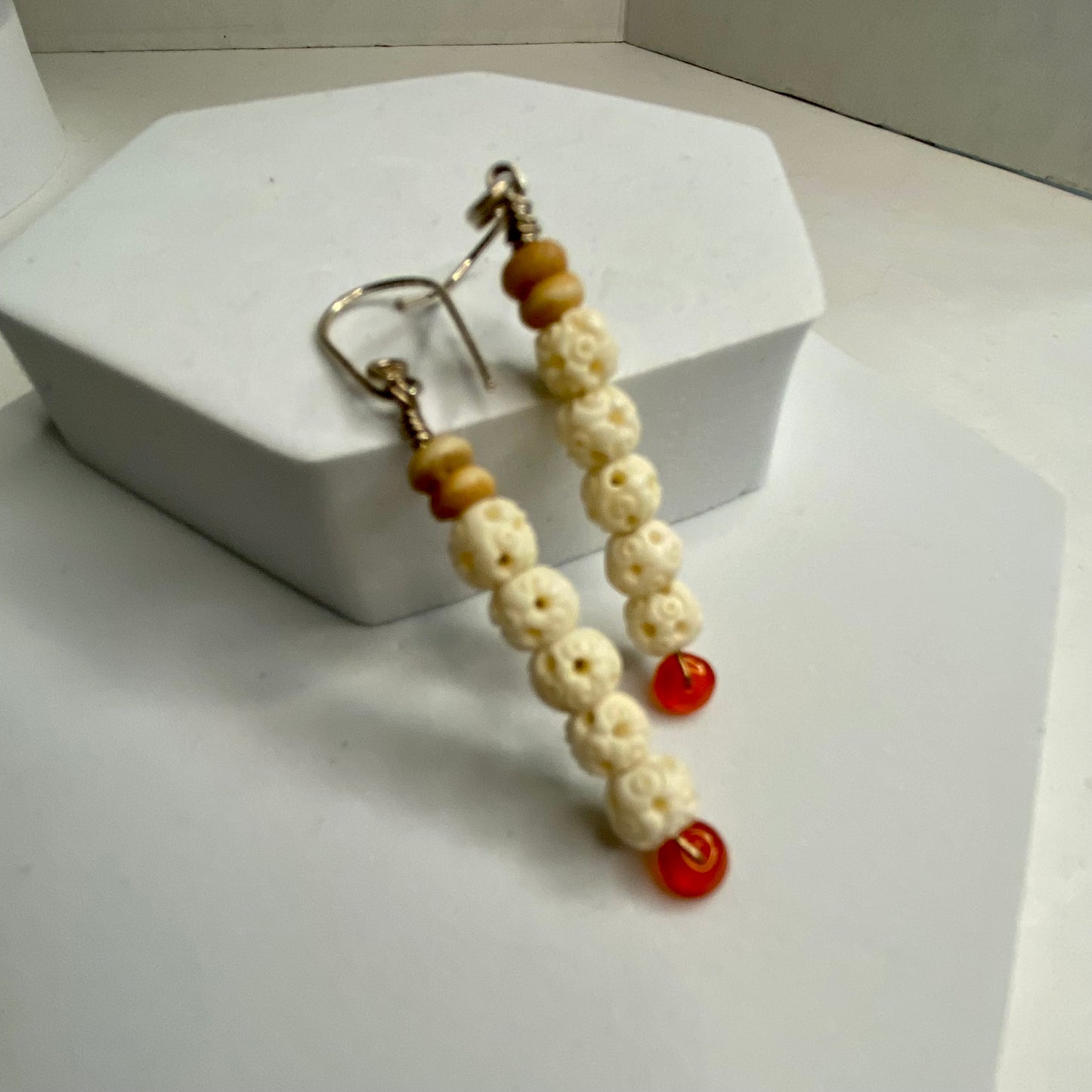 Carnelian, Carved Bone & Seed Earrings by Hip Chick Glass, Sterling Silver Earrings, Handmade Gemstone Jewelry, Gift For Woman