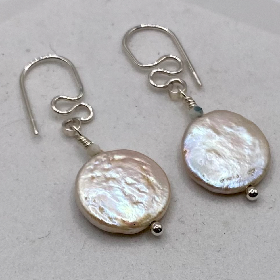 Coin Pearl Drop Earrings by Hip Chick Glass, Sterling Silver Earrings, Handmade Gemstone Jewelry, June Birthstone Gift