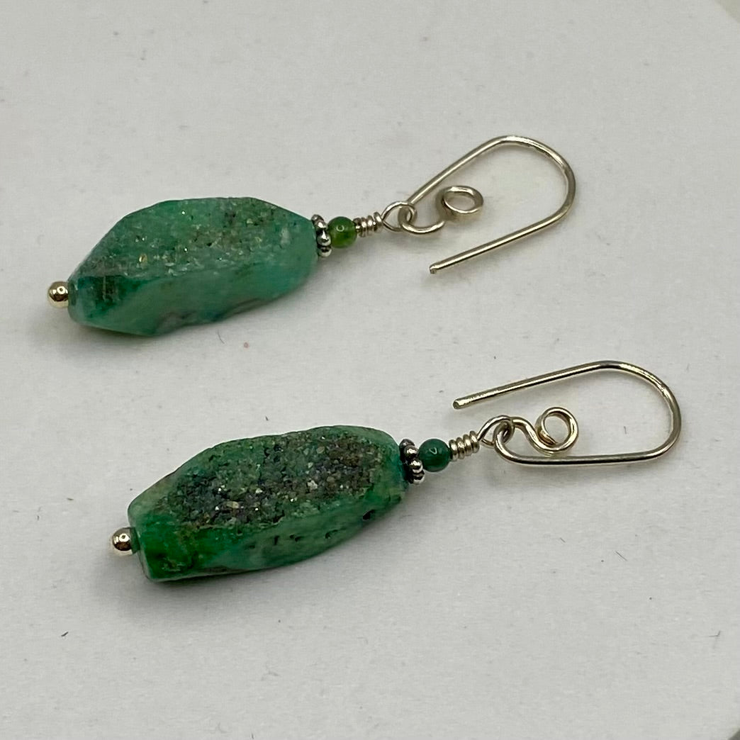 Green Druzy Agate Dangle Earrings by Hip Chick Glass, Sterling Silver Earrings, Handmade Gemstone Jewelry, Gemstone Jewelry Gift