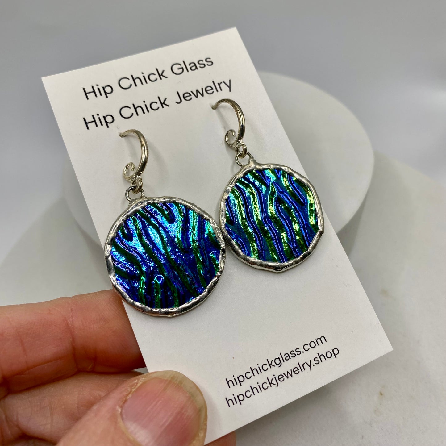 Blue Dichroic Glass Circle Earrings | Stained Glass Earrings by Hip Chick Glass, Stained Glass Dangle Drop Earrings, Stained Glass Earrings