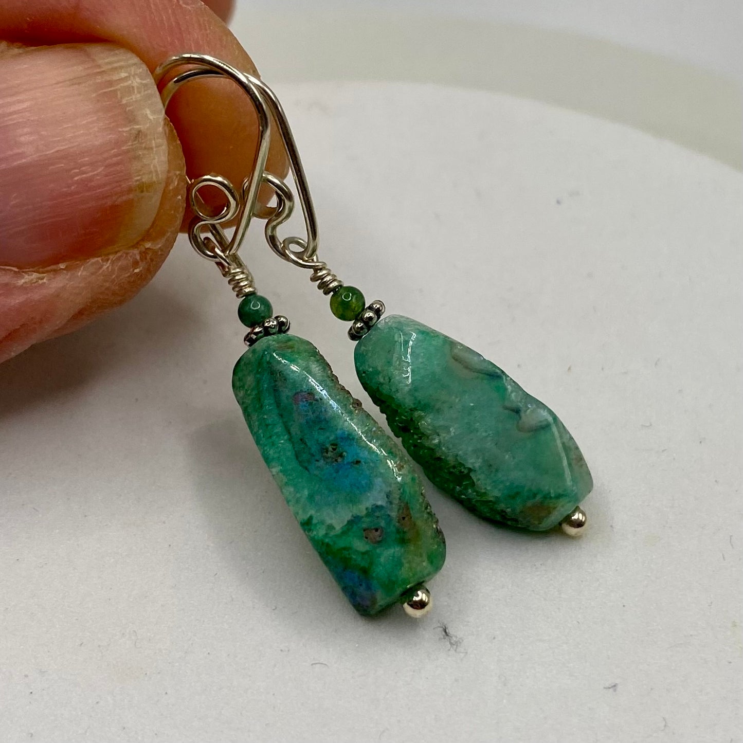 Green Druzy Agate Dangle Earrings by Hip Chick Glass, Sterling Silver Earrings, Handmade Gemstone Jewelry, Gemstone Jewelry Gift