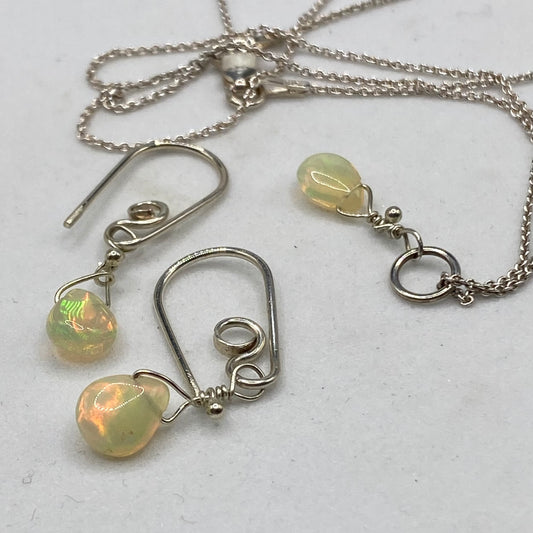 Ethiopian Opal Necklace & Earring Set by Hip Chick Glass, Handmade Silver Jewelry, Dainty Silver Jewelry Set, October Birthstone Gift, Handmade Minimalist Jewelry