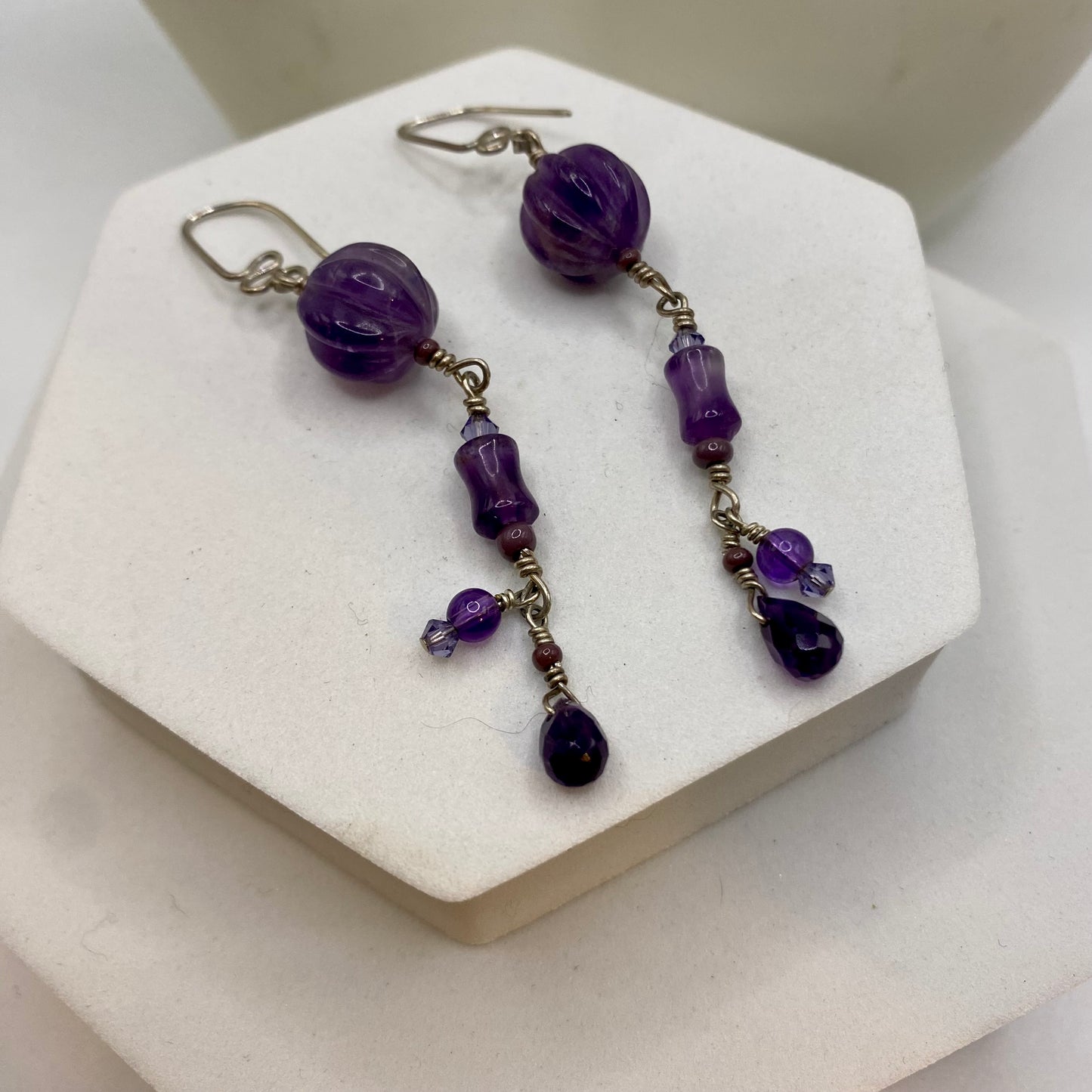 Long Amethyst Earrings by Hip Chick Glass, Sterling Silver Wire Wrap Earrings, Handmade Gemstone Jewelry, February Birthstone