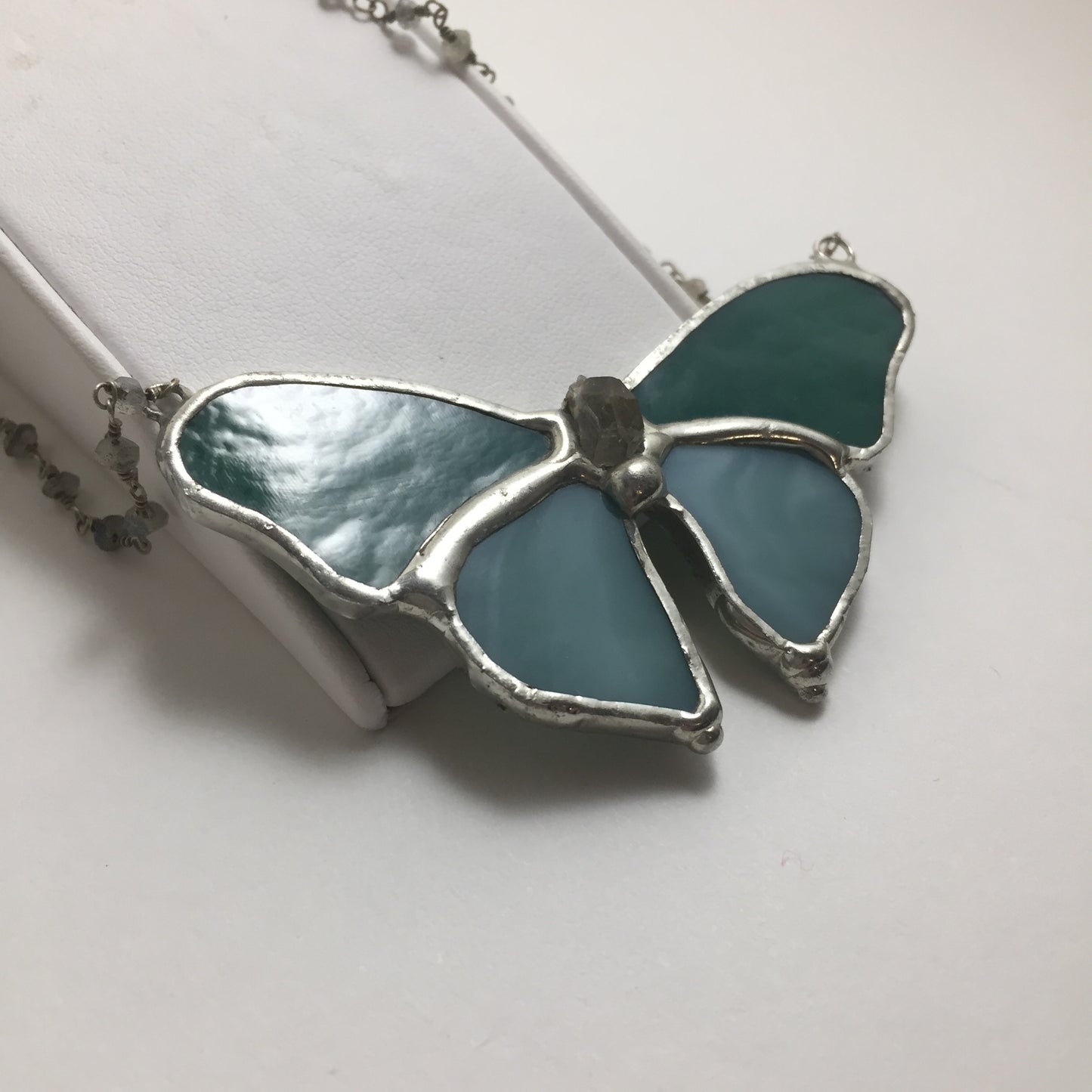 Teal Butterfly Necklace with Quartz & Labradorite by Hip Chick Glass, Handmade Stained Glass Art, Quartz Crystal Necklace