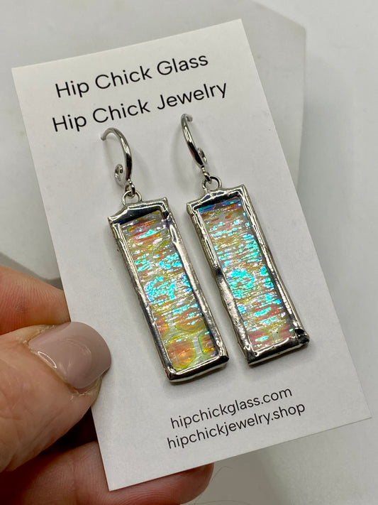 Honeycomb Rectangle Earrings | Stained Glass Earrings by Hip Chick Glass, Iridescent Statement Earrings, Geometric Earrings