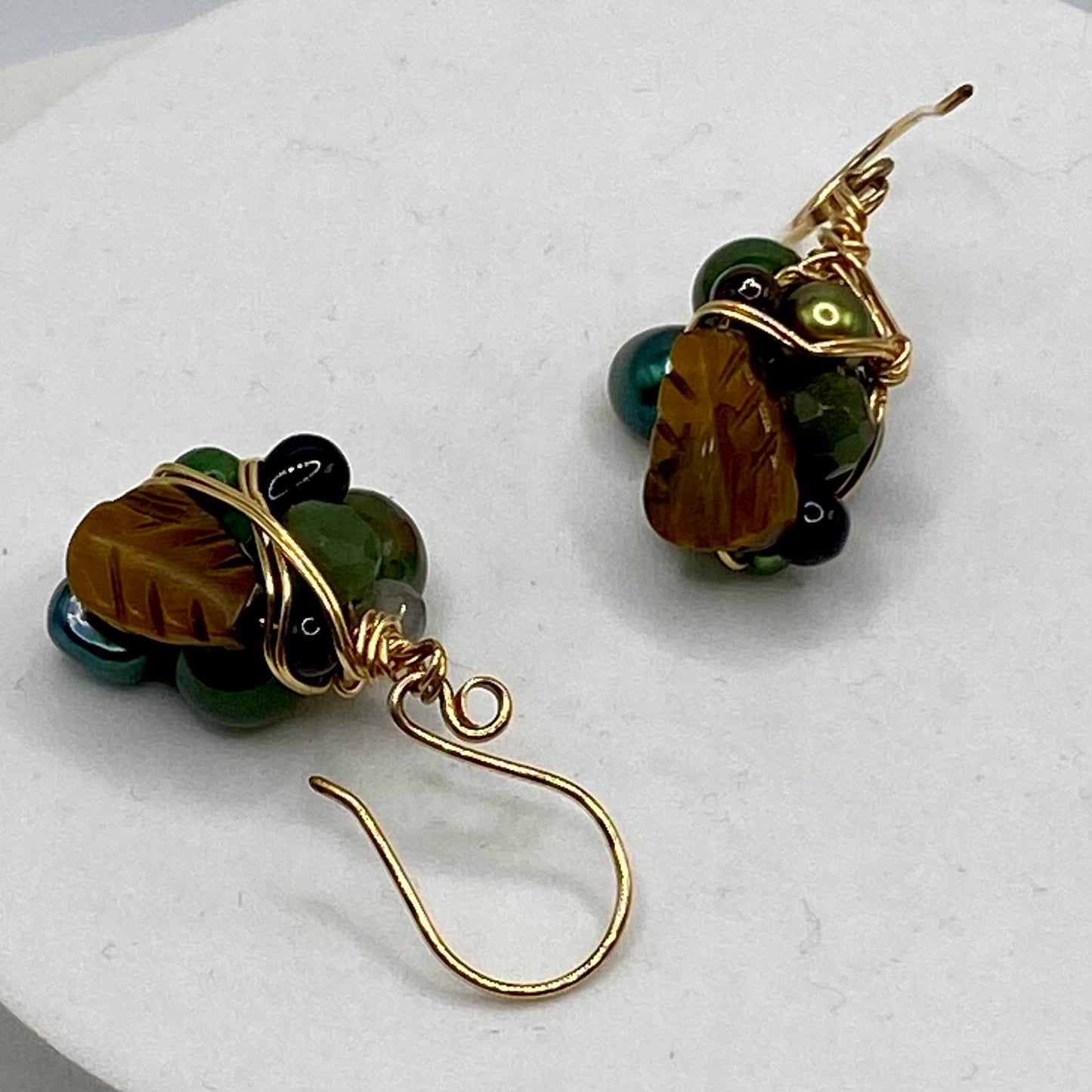 OOAK Green Wire Wrap Cluster Earrings by Hip Chick Glass, 14 Karat Gold Fill Earrings, Handmade Gemstone Jewelry, Birthstone Gift