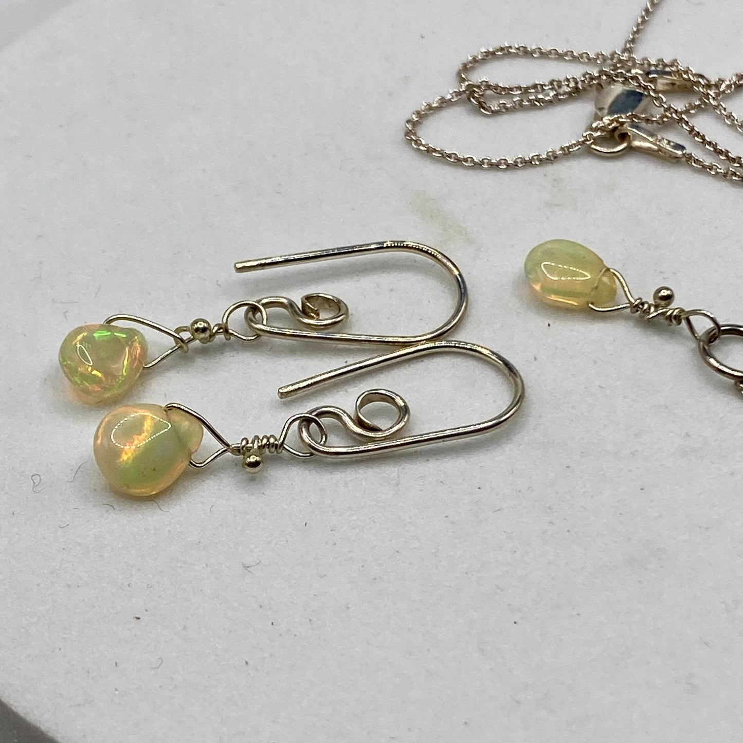 Ethiopian Opal Necklace & Earring Set by Hip Chick Glass, Handmade Silver Jewelry, Dainty Silver Jewelry Set, October Birthstone Gift, Handmade Minimalist Jewelry