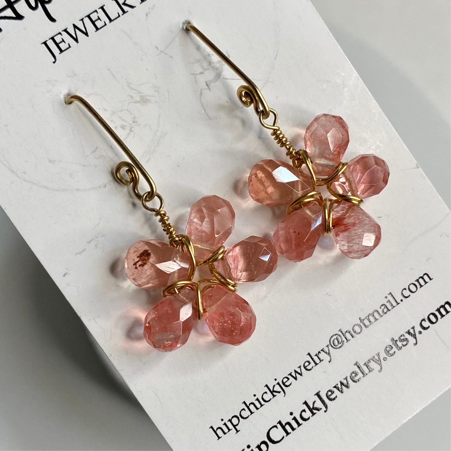 Cherry Quartz Wire Wrap Flower Earrings by Hip Chick Glass, 14 Karat Gold Fill Earrings, Handmade Gemstone Jewelry, Birthstone Gift