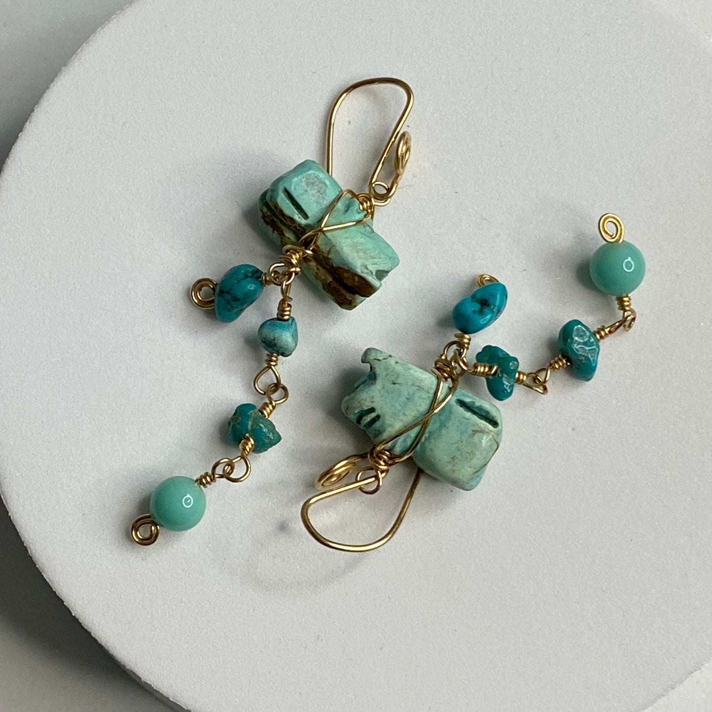 Turquoise & Vintage Glass Dangle Earrings by Hip Chick Glass, 14 Karat Gold Fill Earrings, Handmade Gemstone Jewelry, Birthstone Gift