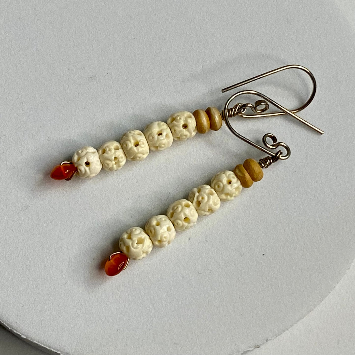 Carnelian, Carved Bone & Seed Earrings by Hip Chick Glass, Sterling Silver Earrings, Handmade Gemstone Jewelry, Gift For Woman