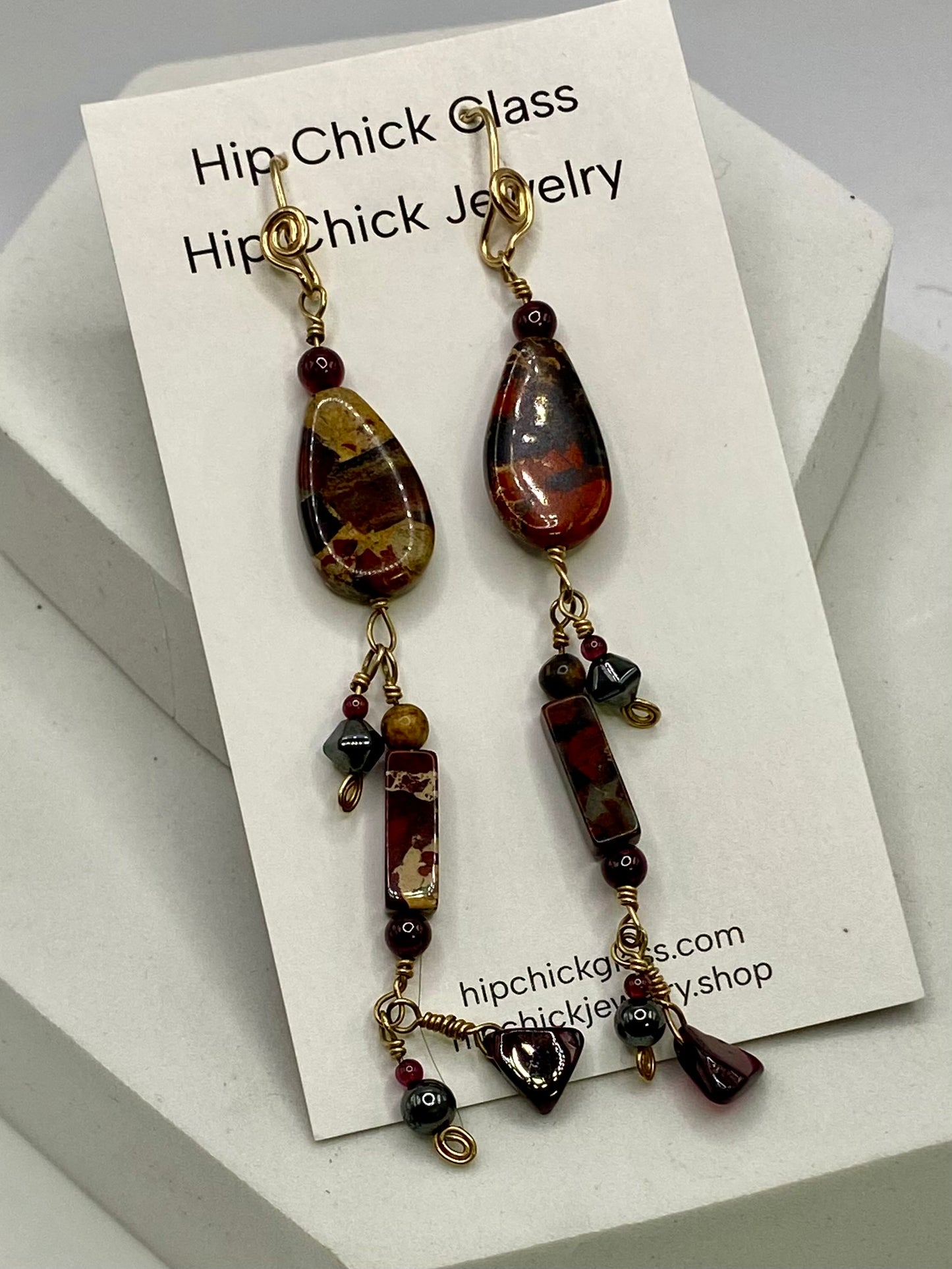 Jasper Hematite Garnet Gold Dangle Earrings by Hip Chick Glass, 14 Karat Gold Fill Earrings, Handmade Gemstone Jewelry, Birthstone Gift