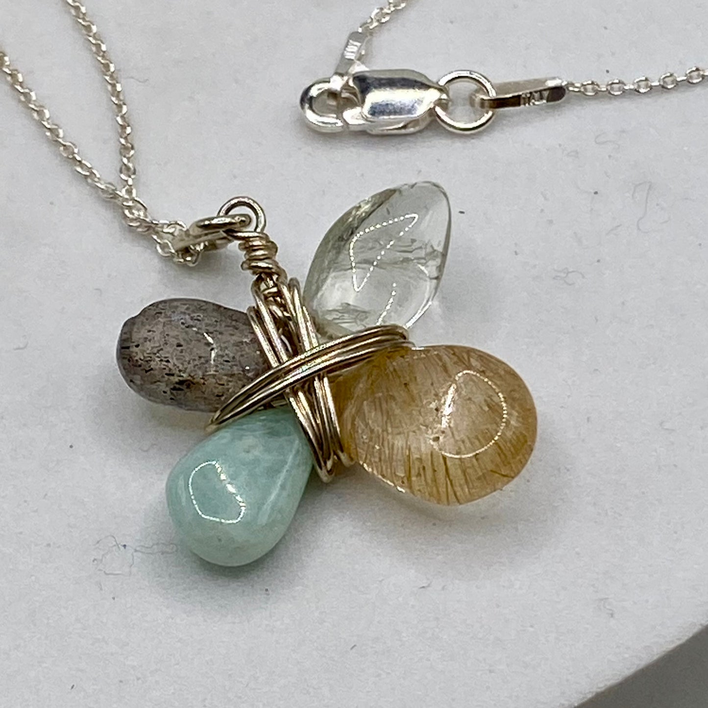 Quartz, Prehnite, Labradorite, Amazonite Gemstone Pendant by Hip Chick Glass, Handmade Sterling Silver Jewelry, Handmade Gemstone Jewelry, Silver Wire Wrap Pendant Necklace