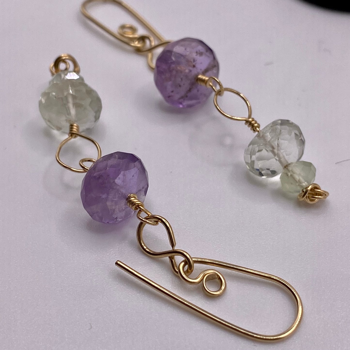 Green & Purple Amethyst Dangle Earrings by Hip Chick Glass, 14 Karat Gold Fill Earrings, Handmade Gemstone Jewelry, February Birthstone Gift