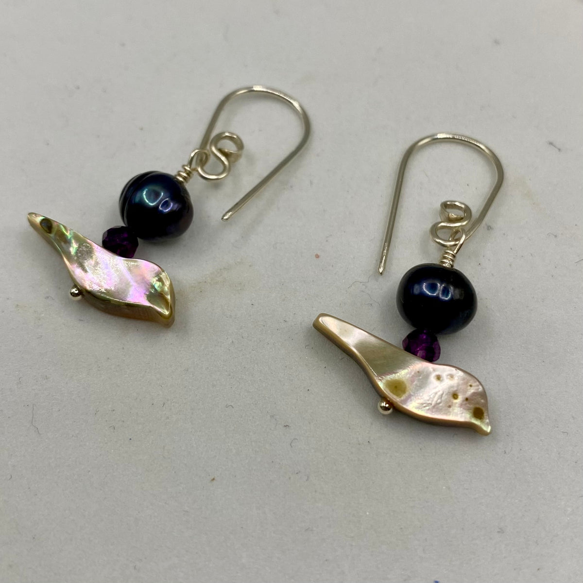 Abalone, Iolite Freshwater Pearls Silver Earrings by Hip Chick Glass, Handmade Sterling Silver Earrings, Silver Gemstone Jewelry