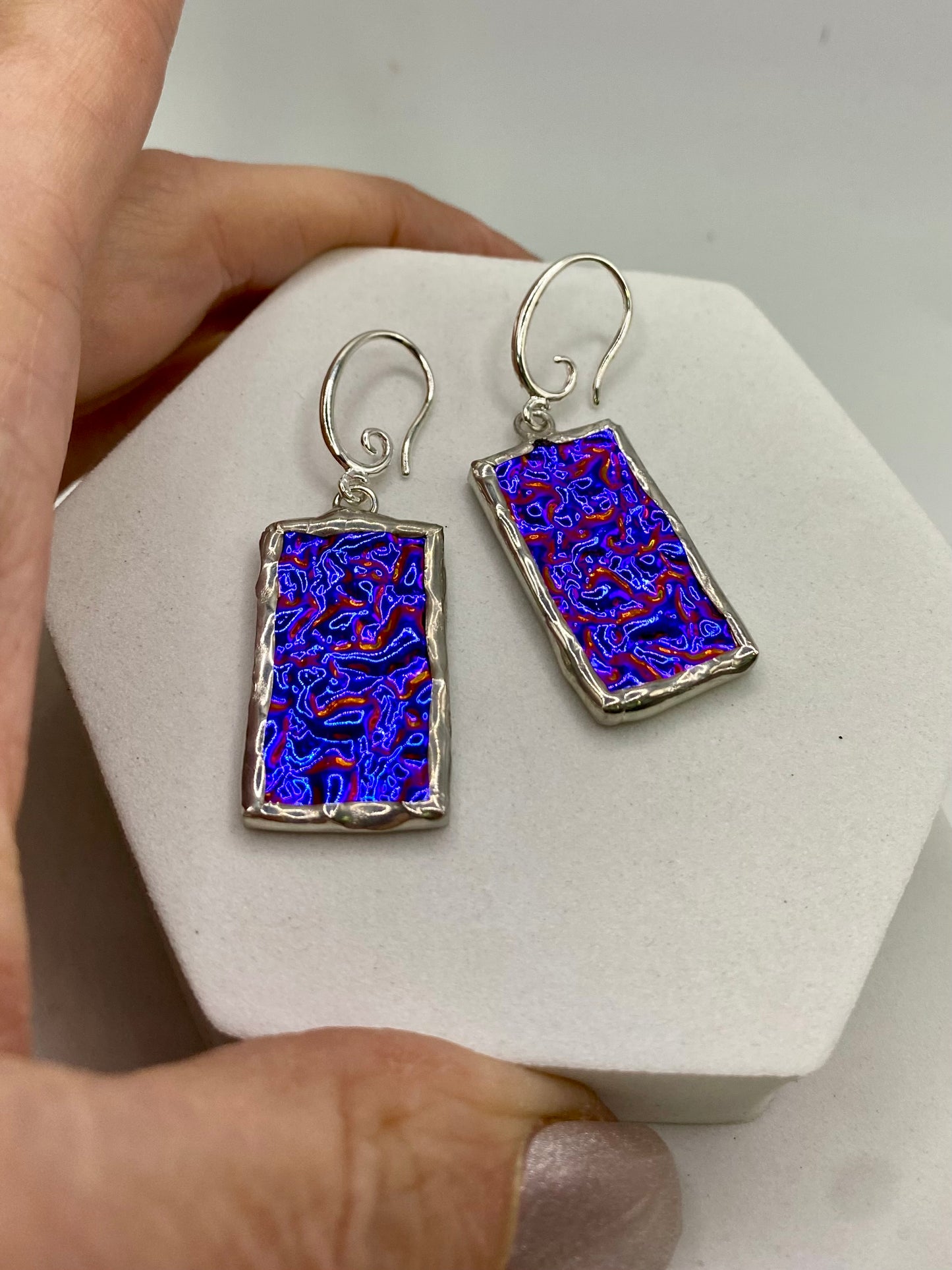 Blue Purple Rectangle Earrings | Stained Glass Earrings by Hip Chick Glass, Stained Glass Dangle Drop Earrings, Stained Glass Earrings