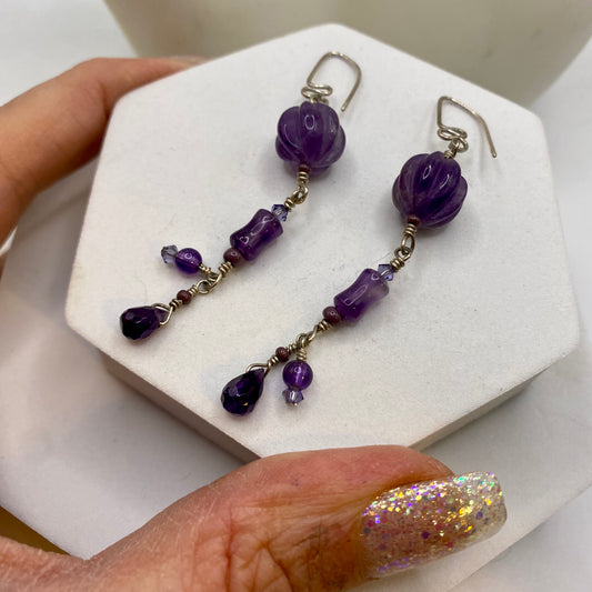 Long Amethyst Earrings by Hip Chick Glass, Sterling Silver Wire Wrap Earrings, Handmade Gemstone Jewelry, February Birthstone