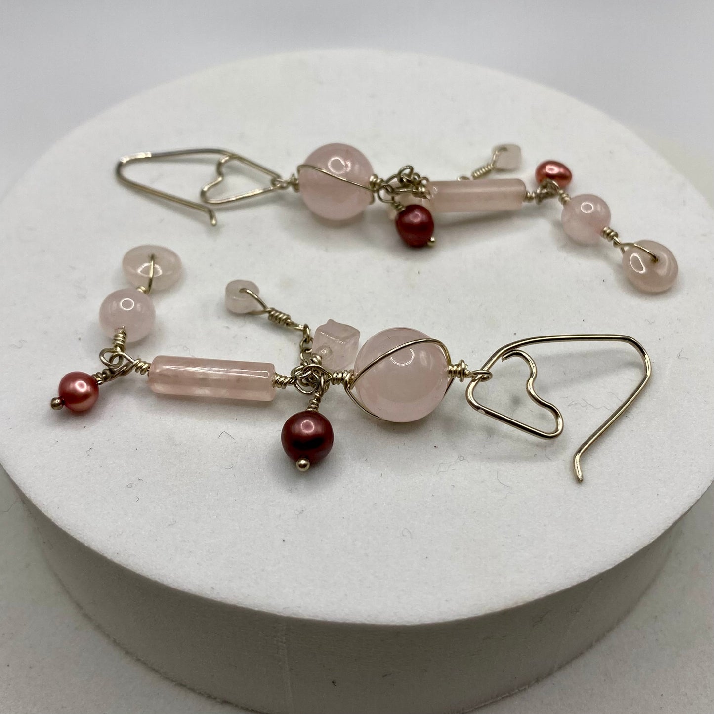 Long Rose Quartz Earrings with Freshwater Pearls by Hip Chick Glass, Rose Quartz Earrings, Handmade Silver Gemstone Jewelry, Handmade Jewelry Gift, June Birthstone Earrings