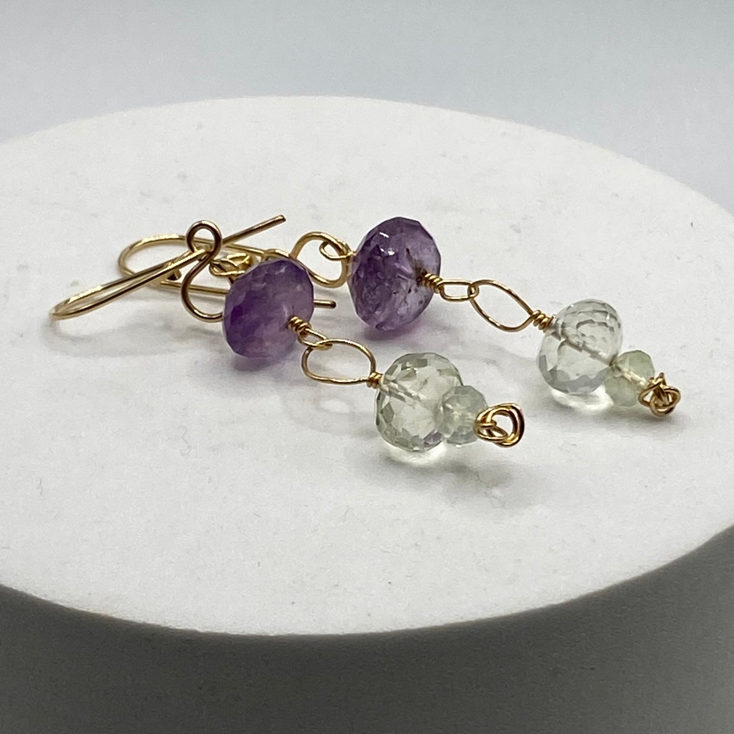 Green & Purple Amethyst Long Dangle Earrings by Hip Chick Glass, Handmade Gold Fill Earrings, Handmade Gemstone Jewelry, February Birthstone Gift