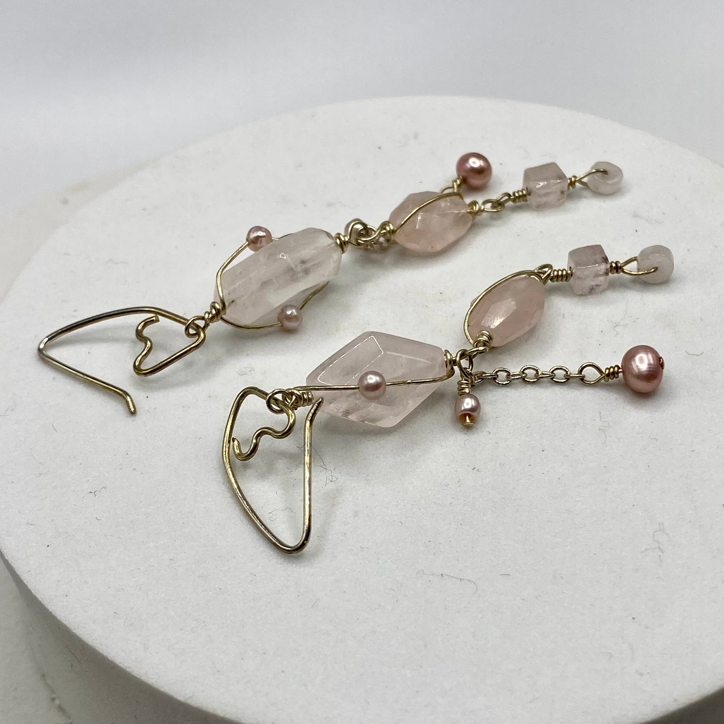 Long Rose Quartz Earrings with Pearl Wrap by Hip Chick Glass, Boho Luxe Gemstone Earrings, Handmade Rose Quartz Earrings, June Birthstone Gift