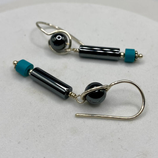 Hematite & Chalk Turquoise Dangle Earrings by Hip Chick Glass, Sterling Silver Earrings, Handmade Gemstone Jewelry, Handmade Jewelry Gift, Birthstone Earrings