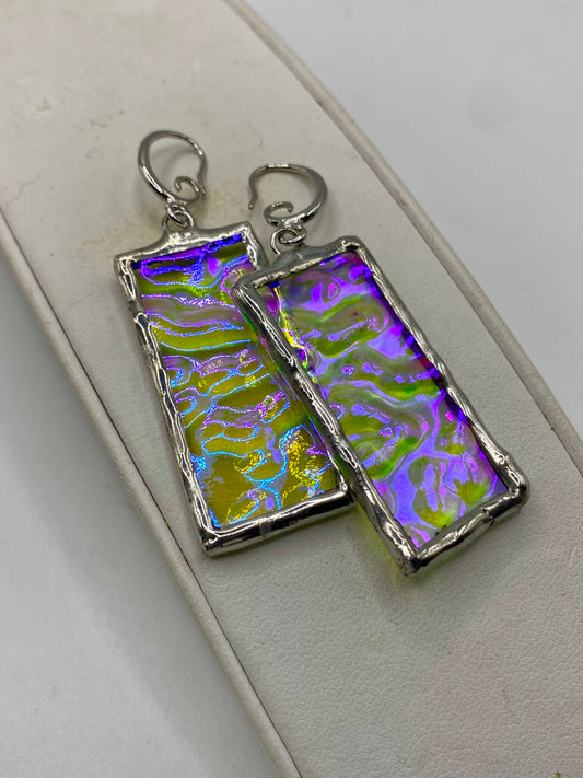 Larger Purple & Clear Wavy Rectangle Earrings | Stained Glass Earrings by Hip Chick Glass, Iridescent Statement Earrings, Geometric Earrings