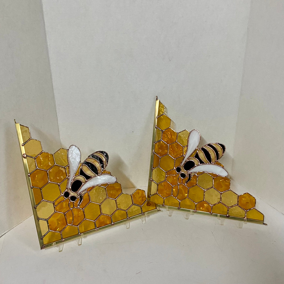 Honeybee Stained Glass Window Corner, Handmade Stained Glass Bee, Bee Stained Glass Window, Yellow Stain Glass Window by Hip Chick Glass