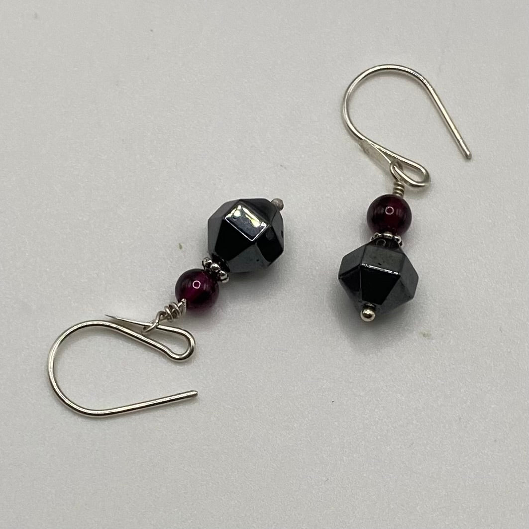 Garnet & Hematite Earrings by Hip Chick Glass, Sterling Silver Earrings, Handmade Gemstone Jewelry, Handmade Jewelry Gift, January Birthstone