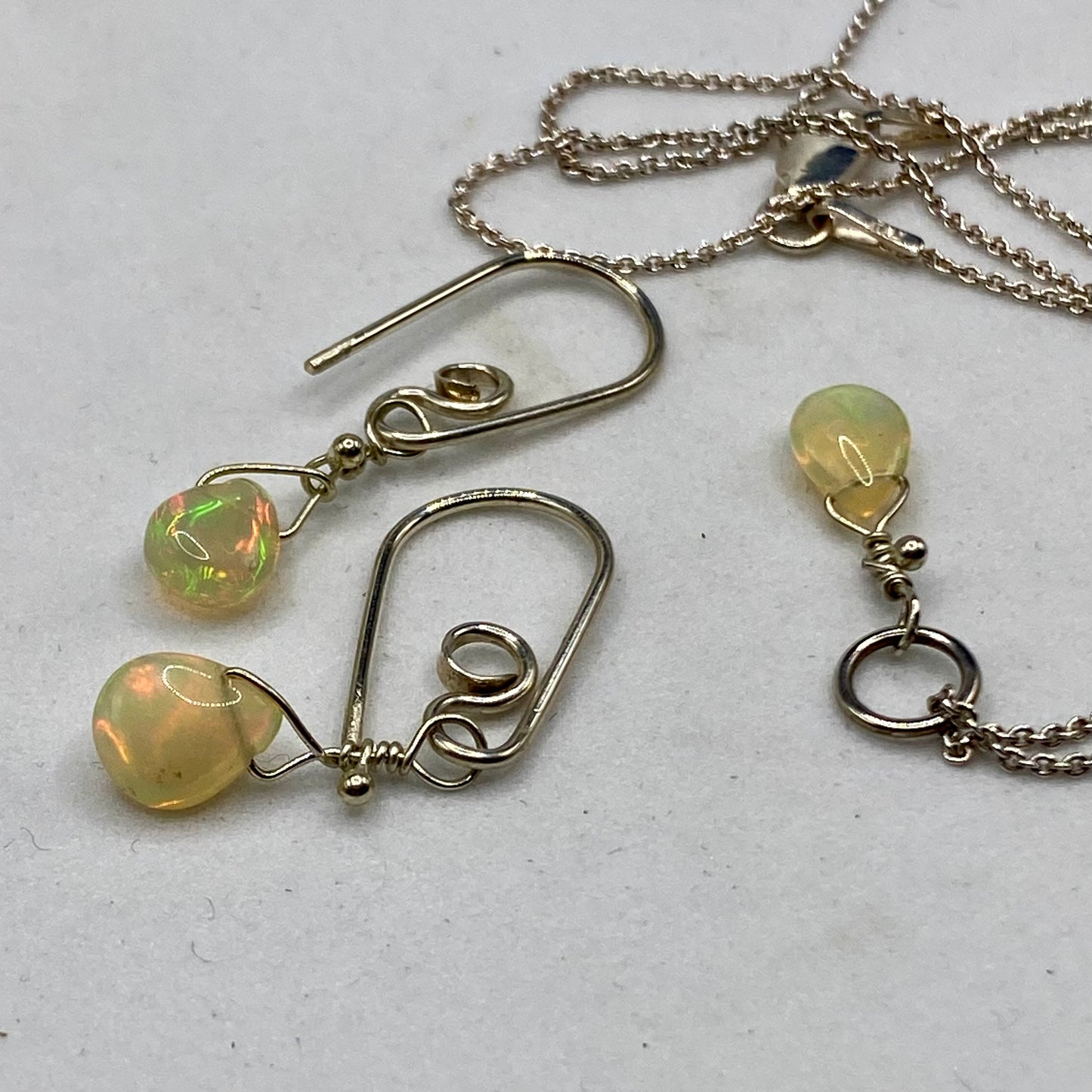 Ethiopian Opal Necklace & Earring Set by Hip Chick Glass, Handmade Silver Jewelry, Dainty Silver Jewelry Set, October Birthstone Gift, Handmade Minimalist Jewelry