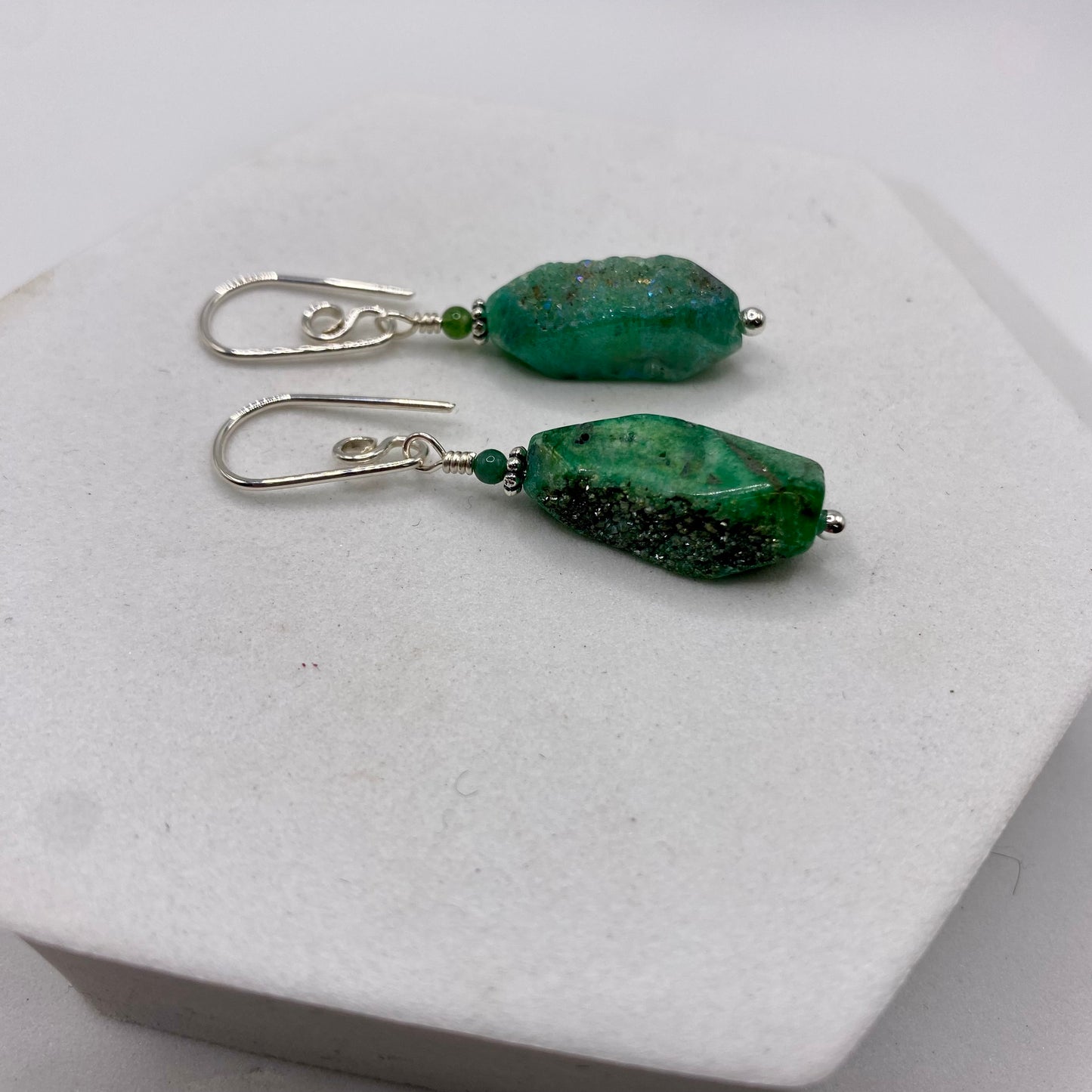 Green Druzy Agate Dangle Earrings by Hip Chick Glass, Sterling Silver Earrings, Handmade Gemstone Jewelry, Gemstone Jewelry Gift