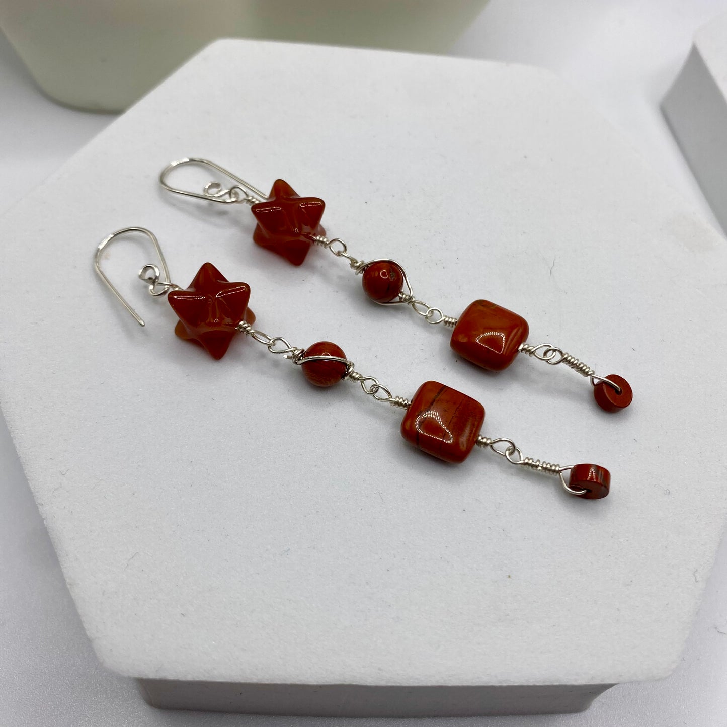 Carnelian & Red Jasper Long Dangle Earrings by Hip Chick Glass, Sterling Silver Earrings, Handmade Gemstone Jewelry, Orange Gemstone Gift