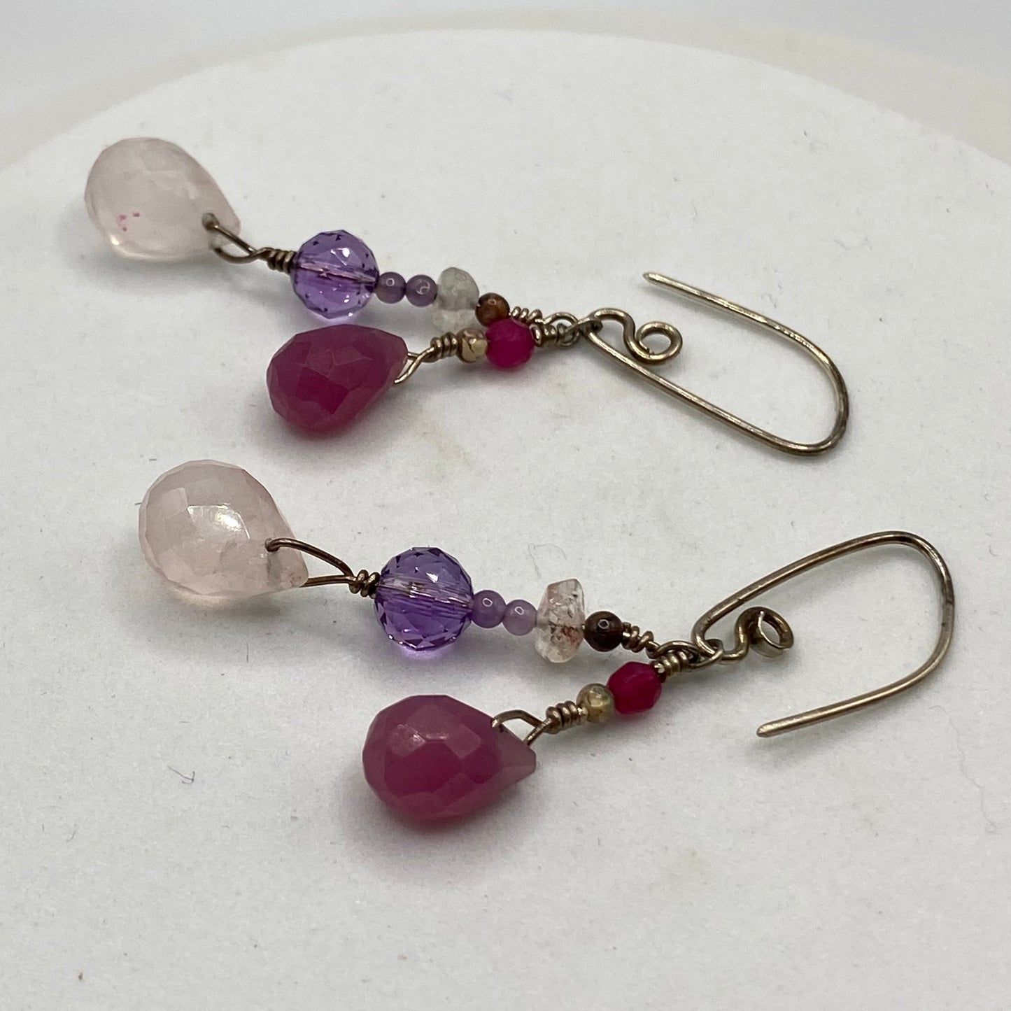 Rose Quartz, Pink Chalcedony, Amethyst, Hematite Gemstone Earrings by Hip Chick Glass, Boho Luxe Silver Earrings, Handmade Gemstone Jewelry, Pink Purple Earrings