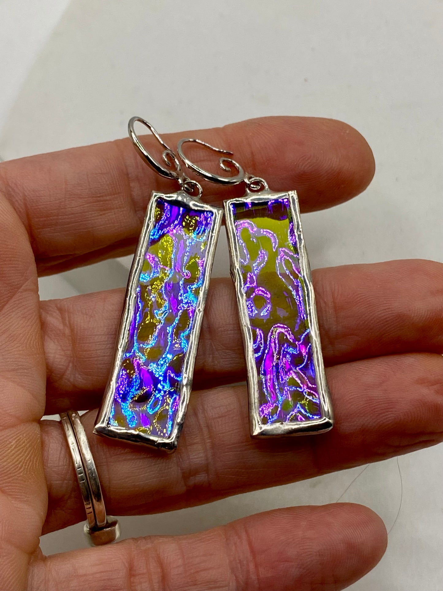 Purple & Clear Wavy Rectangle Earrings | Stained Glass Earrings by Hip Chick Glass, Iridescent Statement Earrings, Geometric Earrings