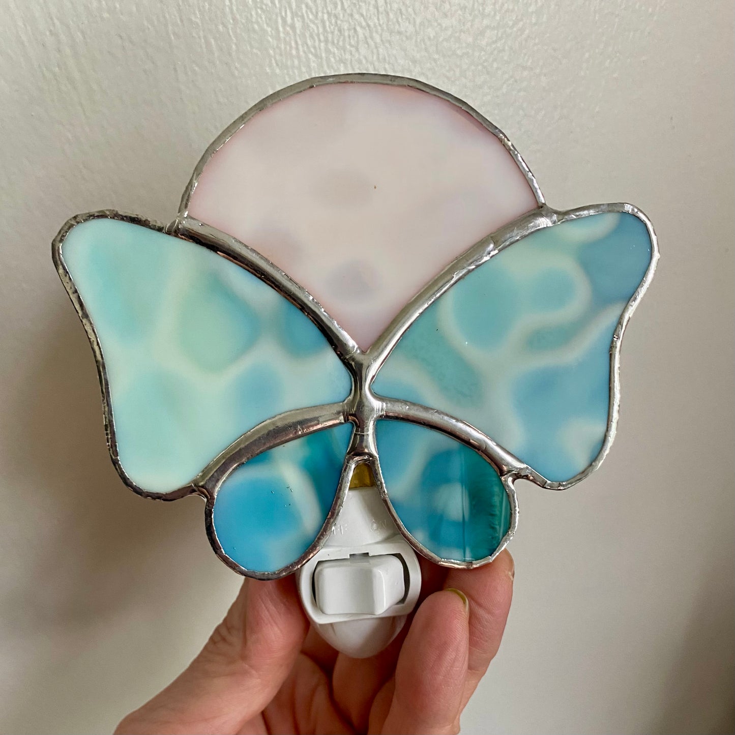 Blue Butterfly Nightlight under a white moon | Gretchen Shutt | Hip Chick Glass, LLC