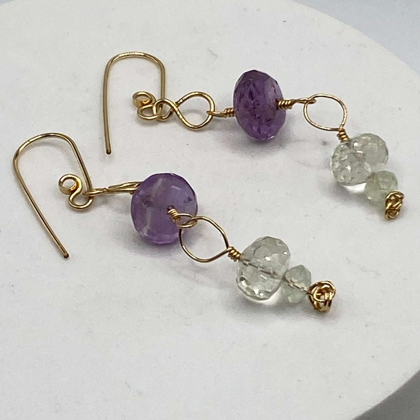 Green & Purple Amethyst Long Dangle Earrings by Hip Chick Glass, Handmade Gold Fill Earrings, Handmade Gemstone Jewelry, February Birthstone Gift