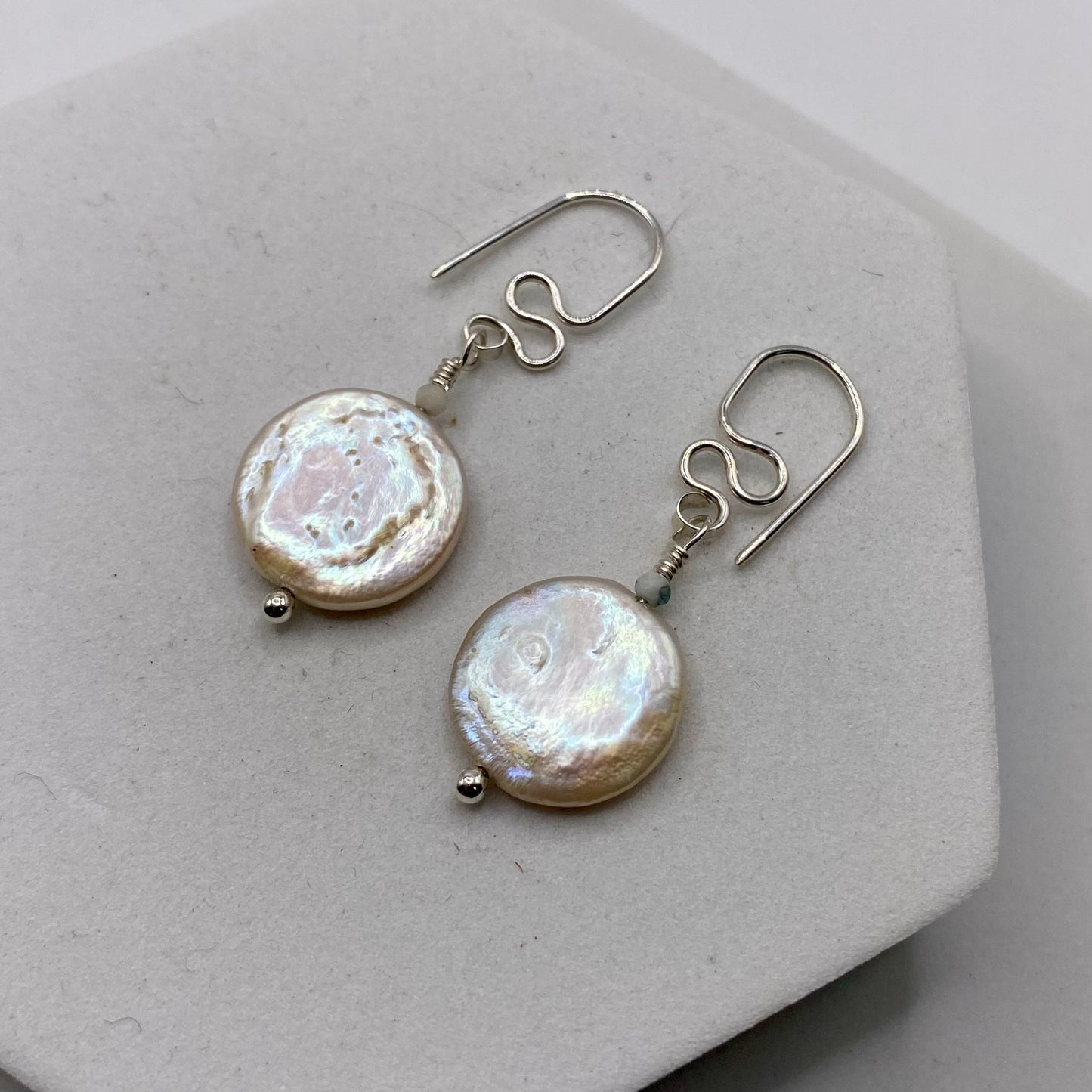 Coin Pearl Drop Earrings by Hip Chick Glass, Sterling Silver Earrings, Handmade Gemstone Jewelry, June Birthstone Gift