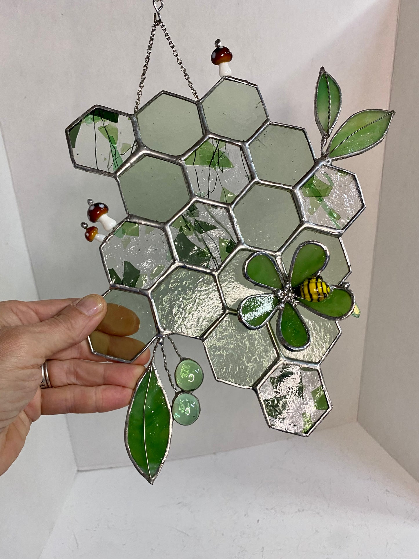 Green Honeycomb with Flower & Bee | Stained Glass Window Panel by Hip Chick Glass, Original Design Handmade Glass Art, Suncatcher