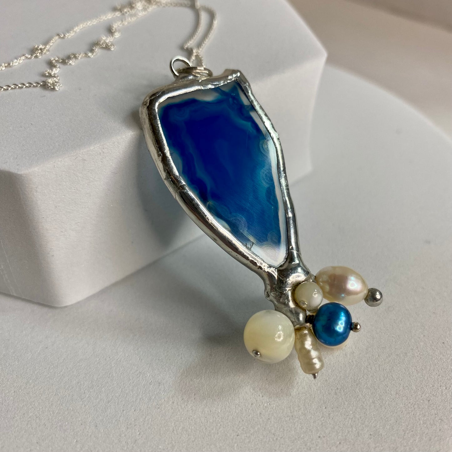 Blue Agate & Pearl Cluster Necklace | Agate Slice Necklace by Hip Chick Glass, Handmade Silver Pendant Necklace, Silver Pearl Agate Necklace, Handmade Jewelry