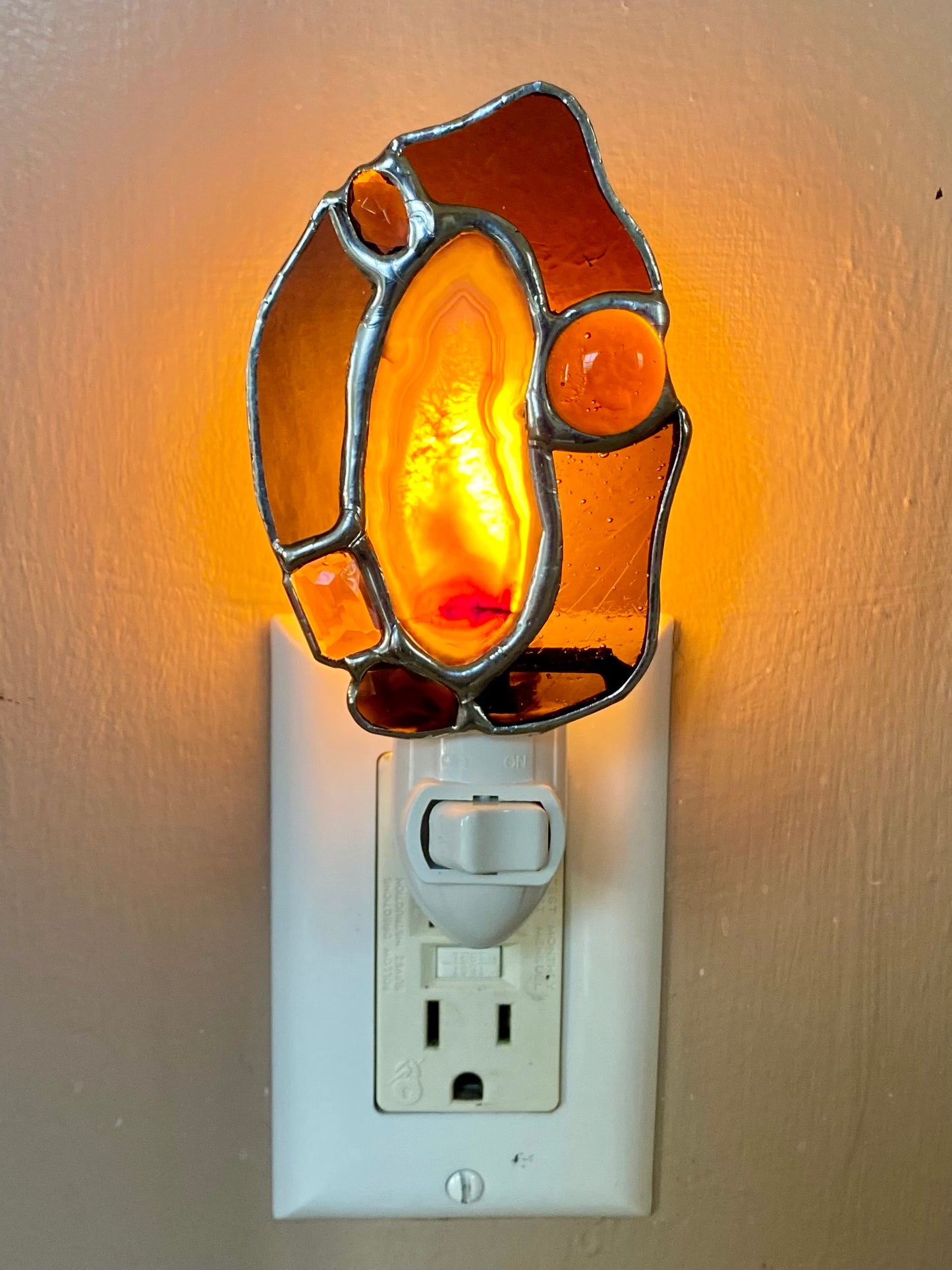 RESERVED for Steve  AGATE SLICE NIGHTLIGHT in Purple with Smoky Quartz and Jewels | Gretchen Shutt | Hip Chick Glass, LLC