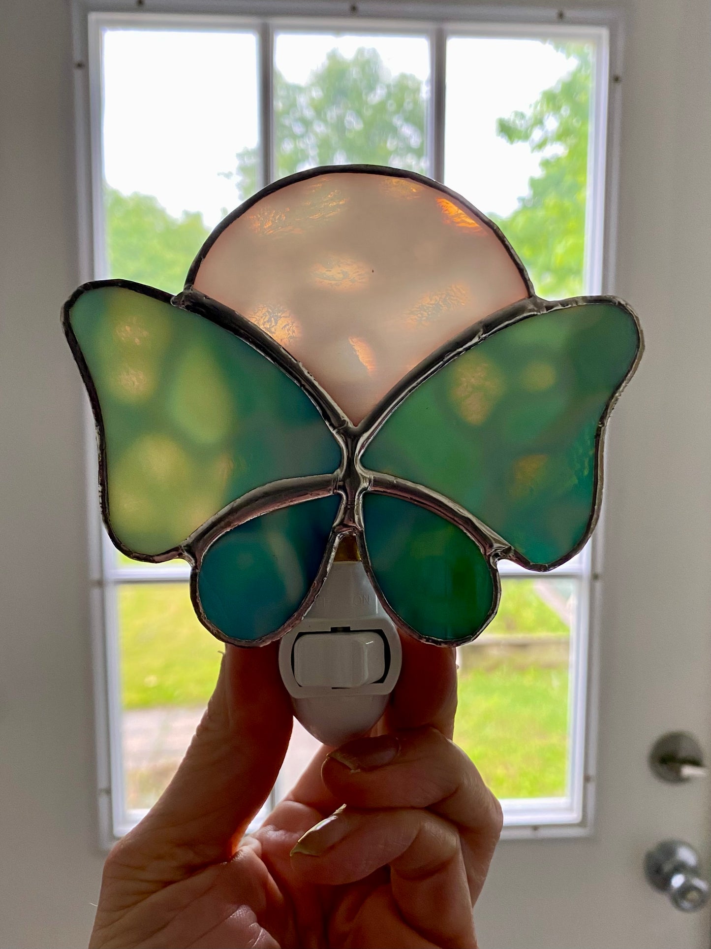 Blue Butterfly Nightlight under a white moon | Gretchen Shutt | Hip Chick Glass, LLC
